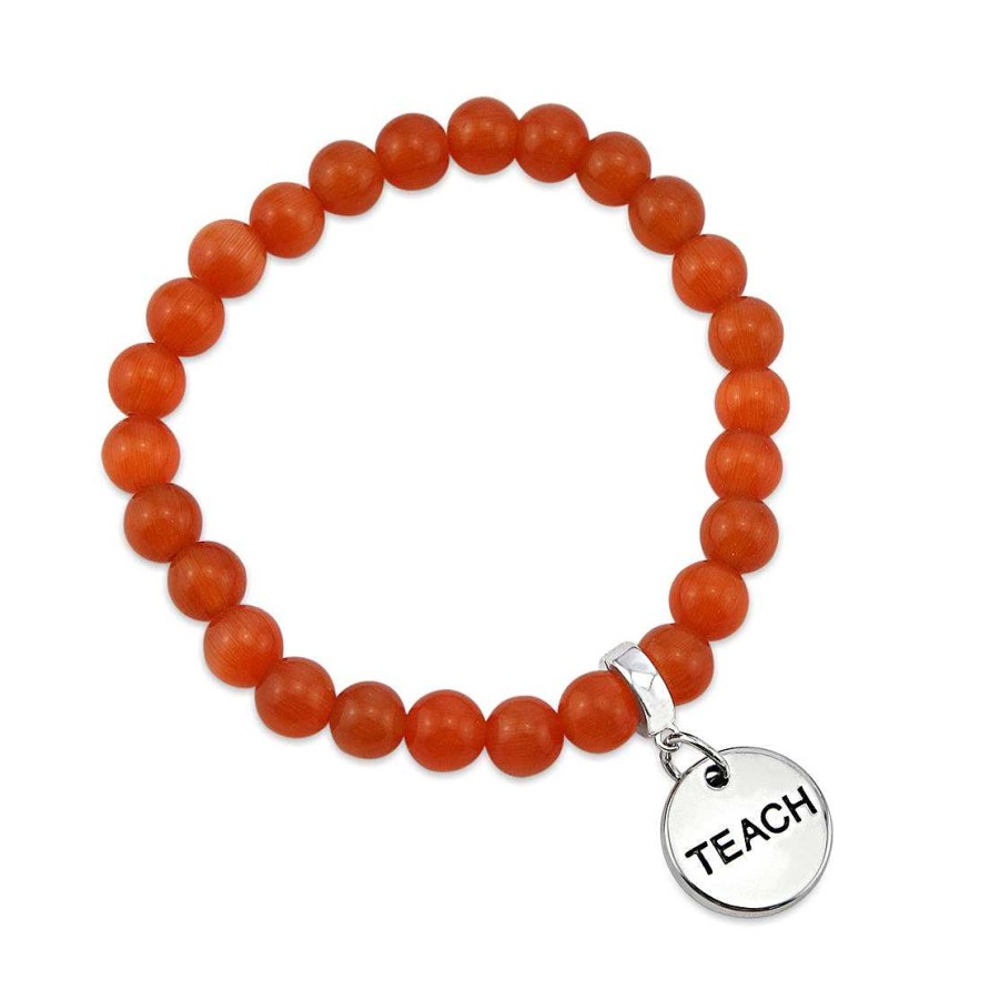 Jewellery 50% Off | Stone Bracelet - Vivid Orange Agate Stone - 8Mm Beads With Silver Word Charm