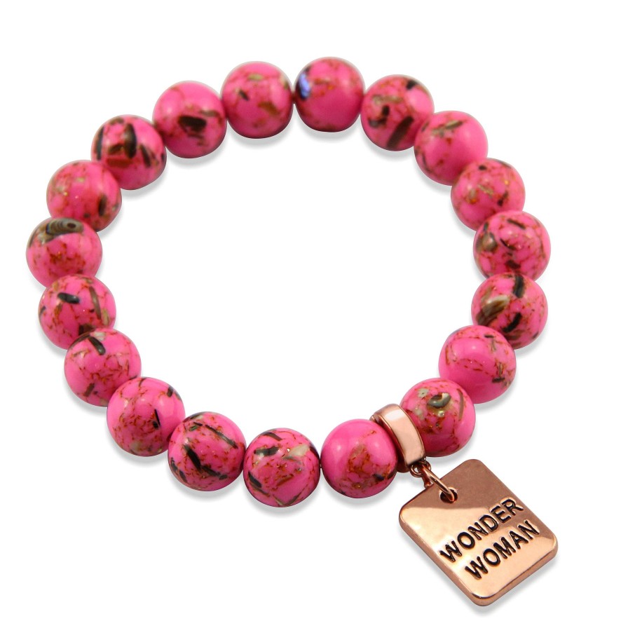 Jewellery Bracelets | Pink Collection - Hot Pink Synthesis 10Mm Bead Bracelet - Rose Gold Word Charms