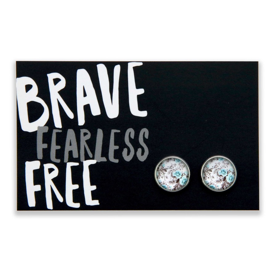 Jewellery Deluxe Stud Earrings | Teal Collection - Brave Fearless Free - Bright Silver Studs Earrings - Aqua Bloom (11925)