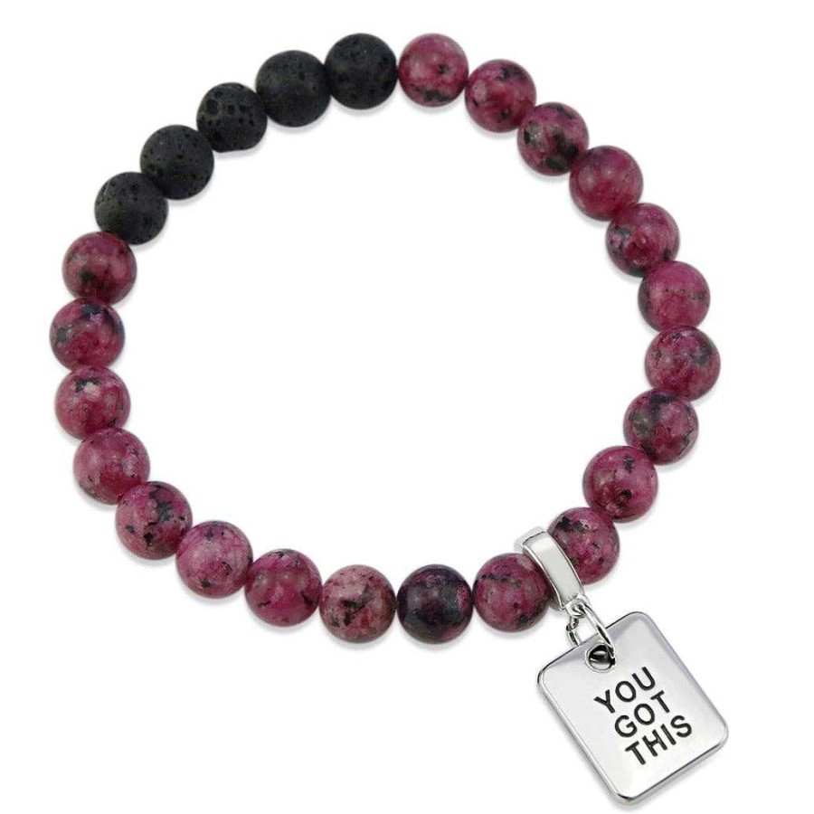 Jewellery Bracelets | Lava Stone Bracelet - 8Mm Raspberry Speckle + Lava Stone Beads - With Silver Word Charm