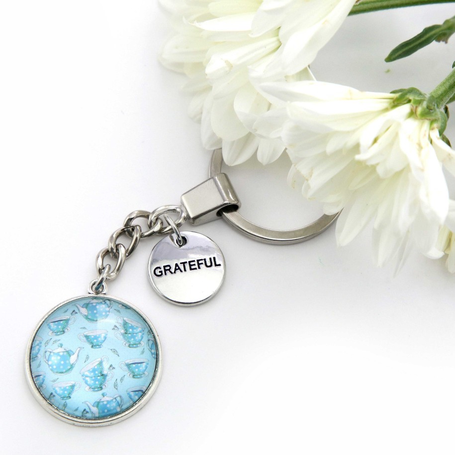 Accessories Papa Glewy | Teal Collection - Vintage Silver 'Grateful' Keyring - Tea Time (12224)