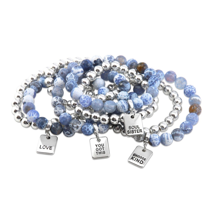 Jewellery Bracelets | Bracelet Duo! 10Mm Bright Blue Agata Tourmaline & 8Mm Silver Bead Bracelet Stacker Set - You Got This (12021)