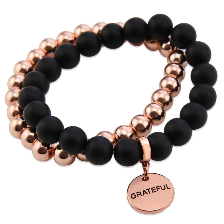 Jewellery Bracelets | Bracelet Duo! Rose Gold & Matt Black Onyx Bead Bracelet Stacker Set - Grateful (11541)