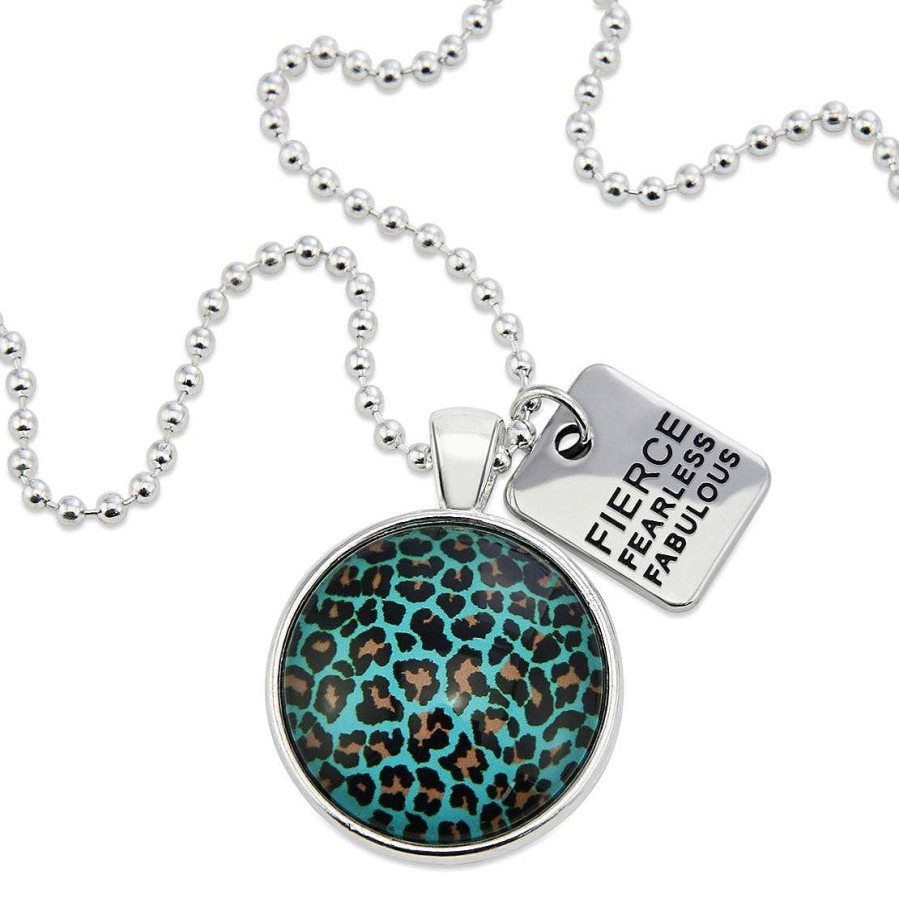 Jewellery Papa Glewy | Teal Collection - Bright Silver 'Fierce Fearless Fabulous' Necklace - Lagoon Leopard (12822)