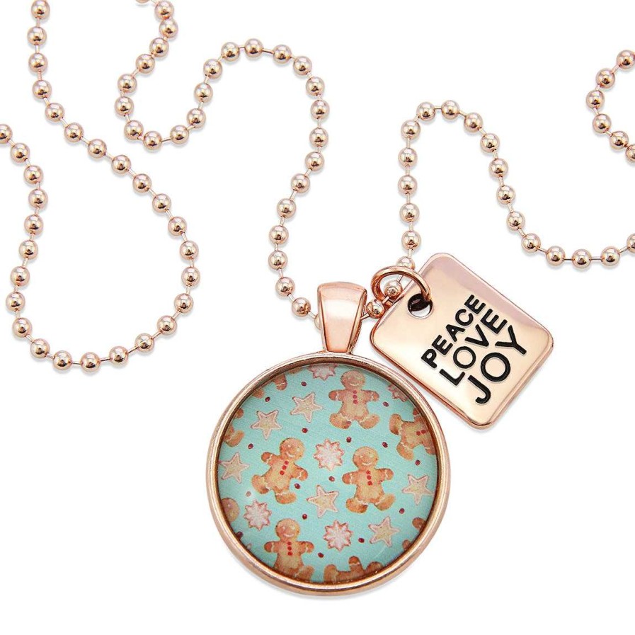 Jewellery Papa Glewy | Christmas - Rose Gold 'Peace Love Joy' Necklace - Gingerbread Aqua - (10733)