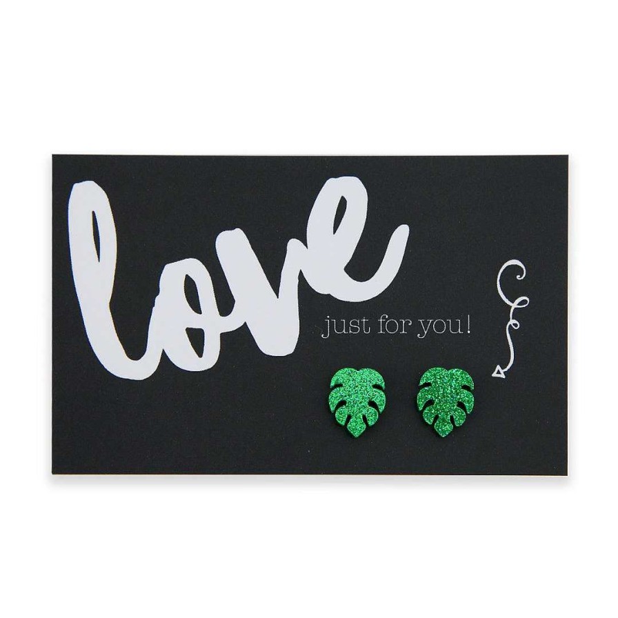 Jewellery Statement Earrings | Acrylic Glitter Monstera Studs - Love Just For You - Green Glitter (12024)