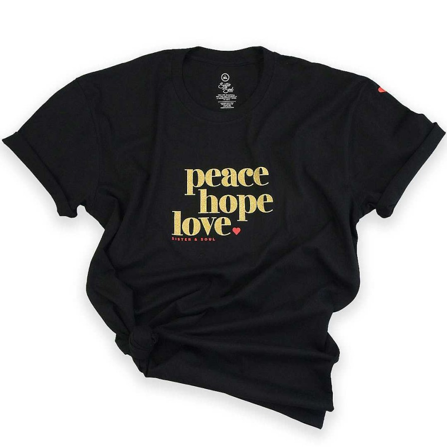 Apparel Tees Tanks & Totes | Peace Hope Love - Plus Size Long Boxy Tee - Black With Gold Glitter Print