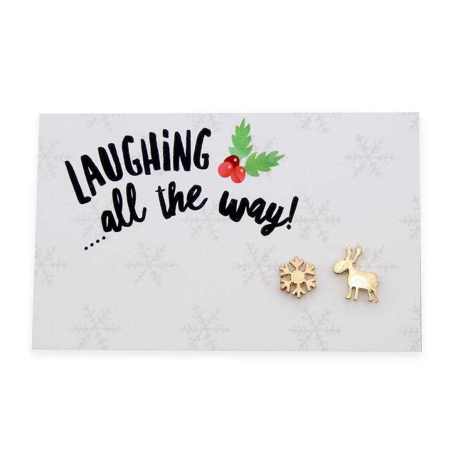 Jewellery Cute Stud Earrings | Laughing All The Way - Reindeer & Snowflake Earring Studs - Gold (2303)