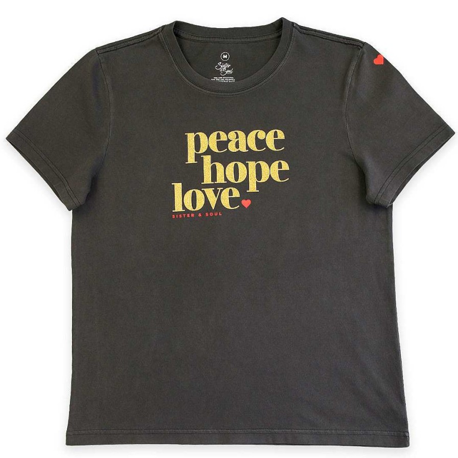 Apparel Tees Tanks & Totes | Peace Hope Love - Boxy Tee - Washed Look Black With Gold Glitter Print