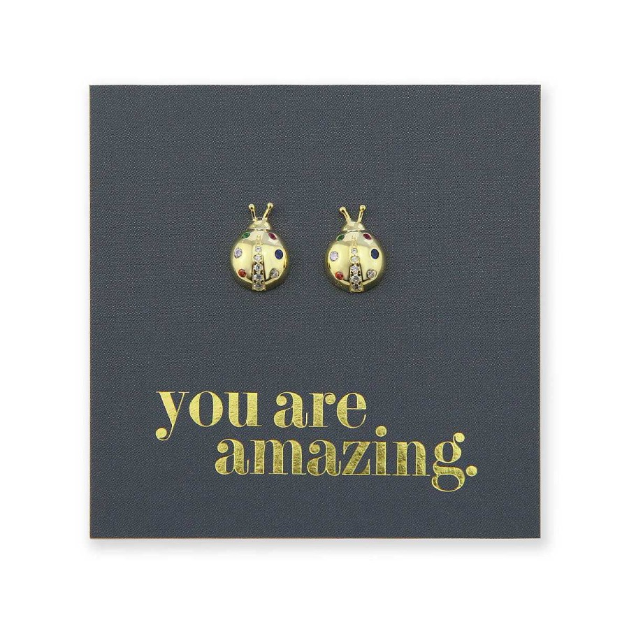 Jewellery Sterling Silver Studs | Ladybugs - Gold Sterling Silver Studs + Cz Gems- You Are Amazing (11341)