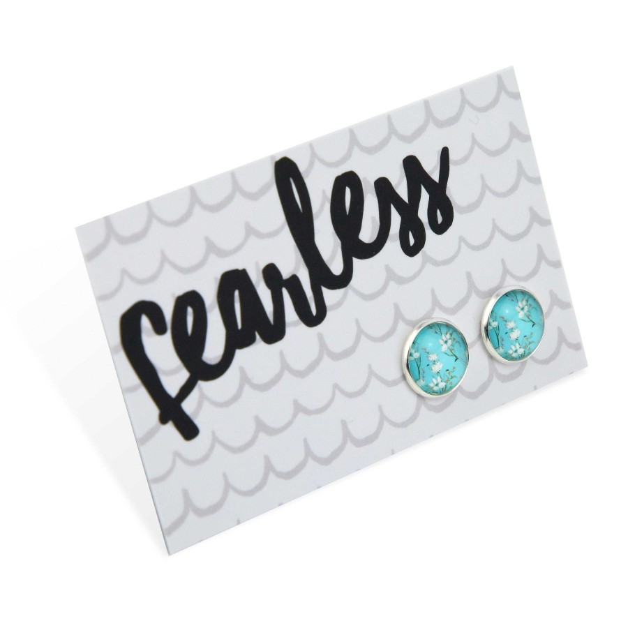 Jewellery Deluxe Stud Earrings | Teal Collection - Fearless - Bright Silver Surround Circle Studs - Aqua Field Flowers (11842)