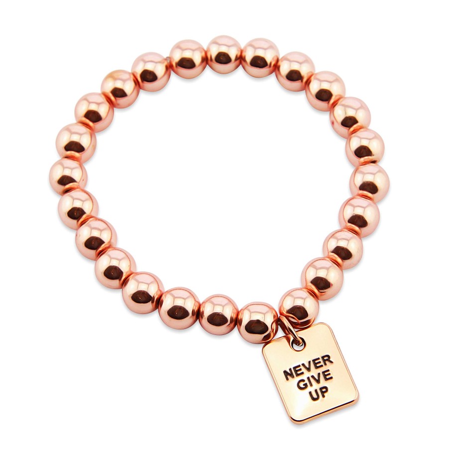 Jewellery Bracelets | The Strong Women Collection Hematite Bracelet 8Mm Beads With Word Charm - Rose Gold Rebel