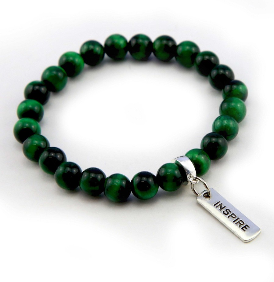 Jewellery Bracelets | Precious Stones - Green Tigers Eye 8Mm Bead Bracelet - With Word Charms