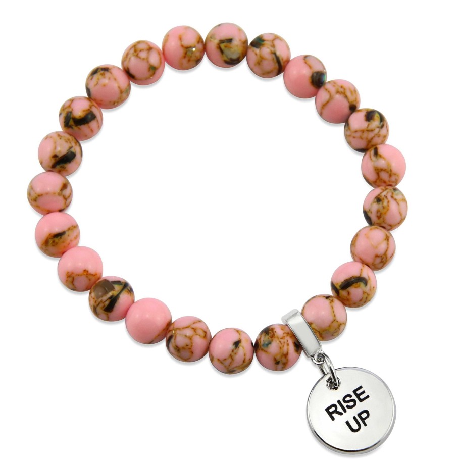 Jewellery Bracelets | Pink Collection - Soft Pink Synthesis 8Mm Bead Bracelet - Silver Word Charms