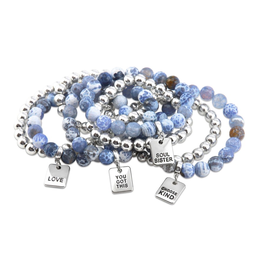 Jewellery Bracelets | Bracelet Duo! 10Mm Bright Blue Agata Tourmaline & 8Mm Silver Bead Bracelet Stacker Set - Teach Love Inspire (12015)