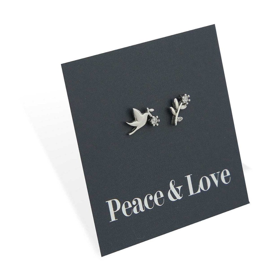 Jewellery Sterling Silver Studs | Dove + Branch Studs - Sterling Silver + Cz - Peace + Love (8215-R)