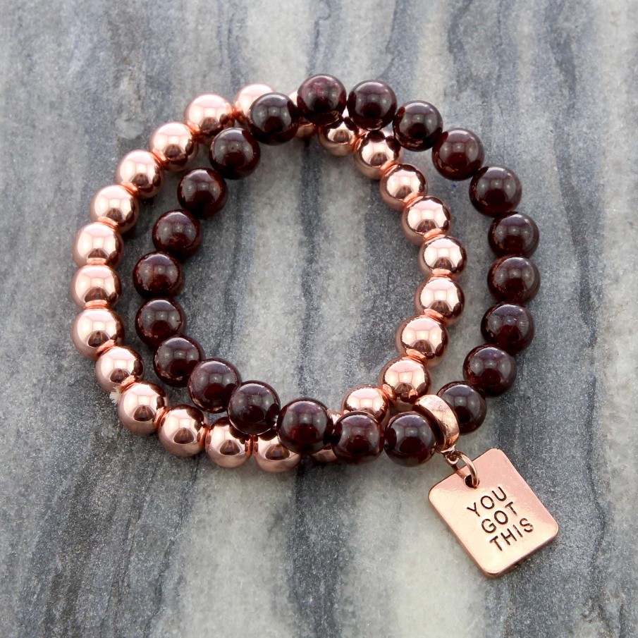 Jewellery Bracelets | Bracelet Duo! Rose Gold & Garnet Bead Bracelet Stacker Set - You Got This (10822)