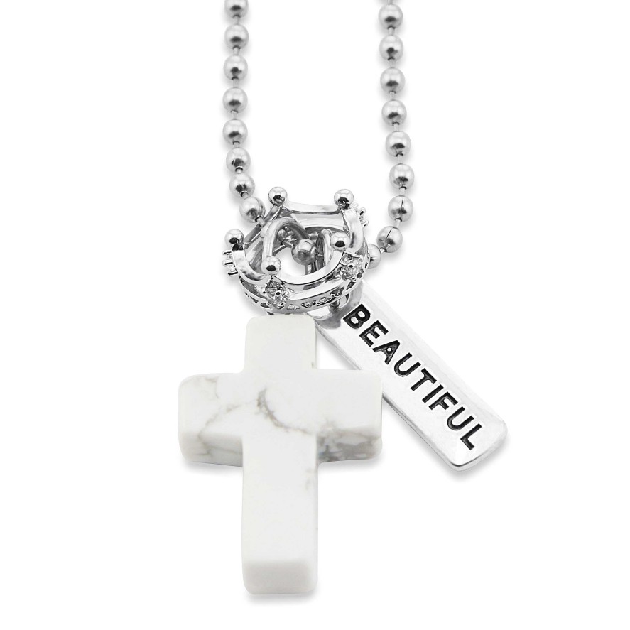 Jewellery Cross & Crown | Cross & Crown Necklace - White Marble Howlite - With Word Charm