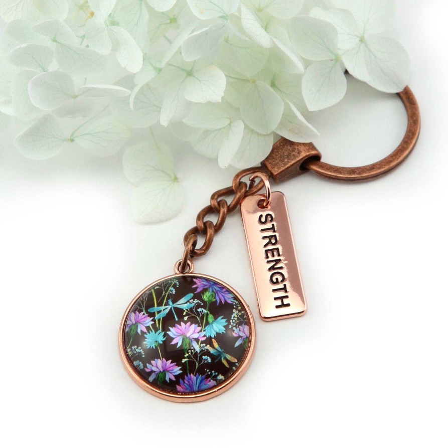 Accessories Papa Glewy | Wildflower Collection - Vintage Rose Gold Keyring With 'Strength' Charm - Dragonfly Grove (10644)