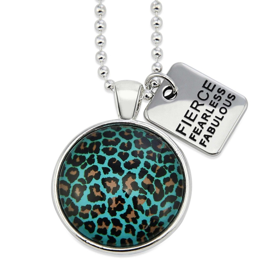 Jewellery Papa Glewy | Teal Collection - Bright Silver 'Fierce Fearless Fabulous' Necklace - Lagoon Leopard (12822)