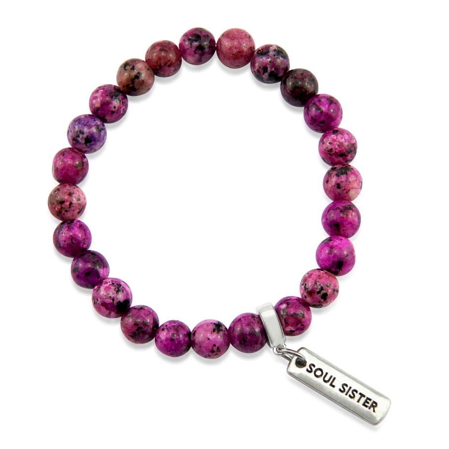 Jewellery Bracelets | Stone Bracelet - Pink Raspberry Speckle 8Mm Beads - With Word Charm (5023)