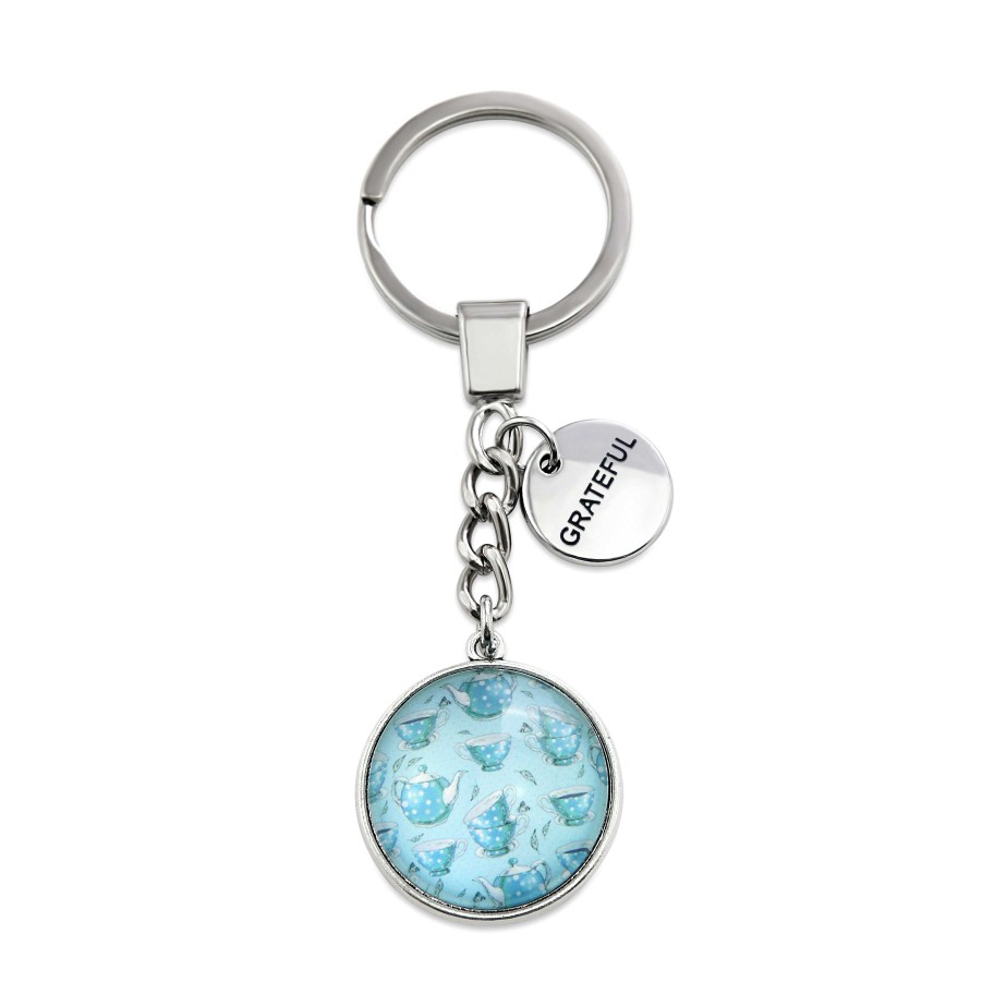 Accessories Papa Glewy | Teal Collection - Vintage Silver 'Grateful' Keyring - Tea Time (12224)