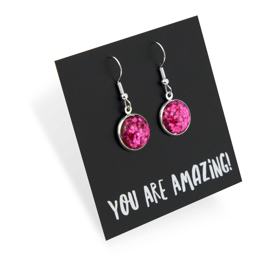 Jewellery Sparklefest | Pink Collection Sparklefest - You Are Amazing - Stainless Steel Vintage Silver Dangles - Hot Pink Glitter (9216)