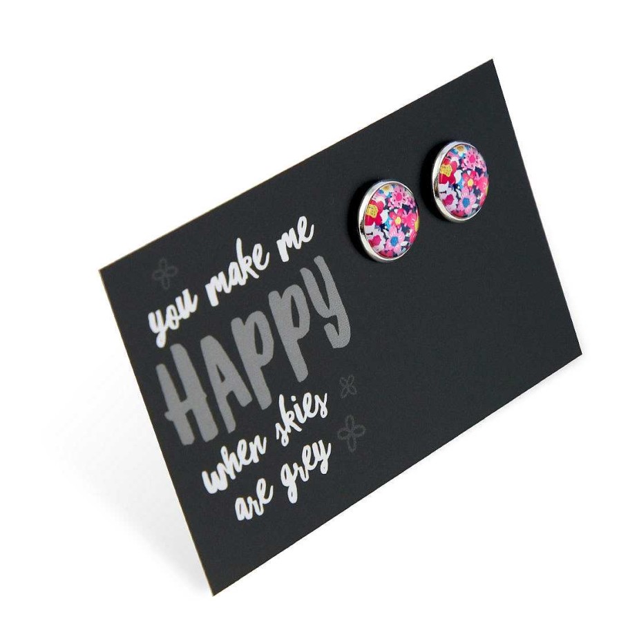 Jewellery Deluxe Stud Earrings | Pink Collection - 'You Make Me Happy' Bright Silver 12Mm Circle Studs - Pink Perennial (12625)