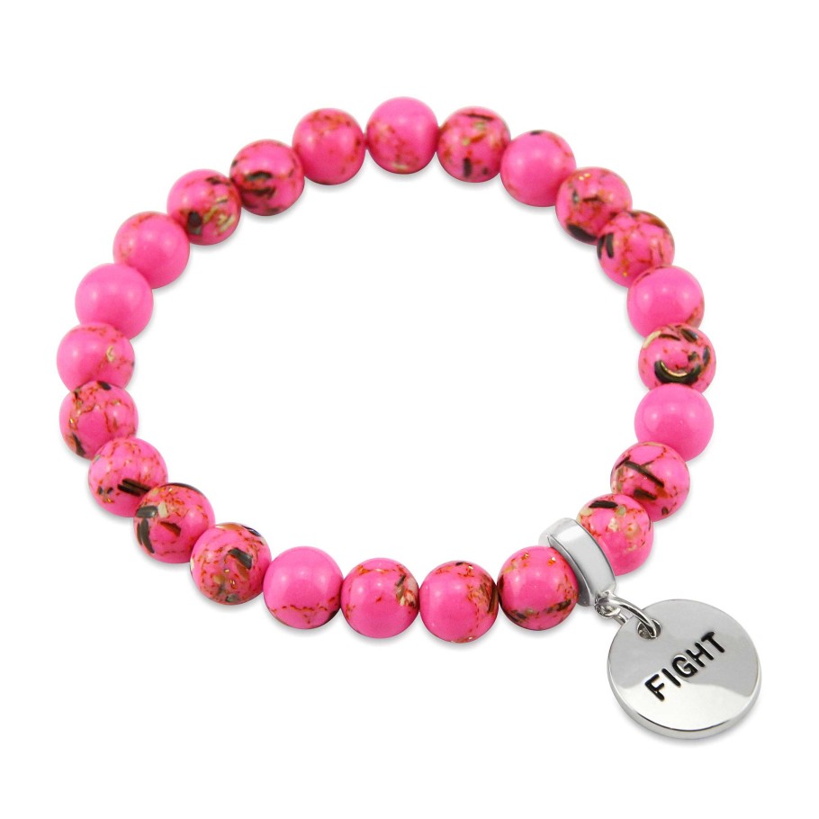 Jewellery Bracelets | Pink Collection - Hot Pink Synthesis 8Mm Bead Bracelet - Silver Word Charms