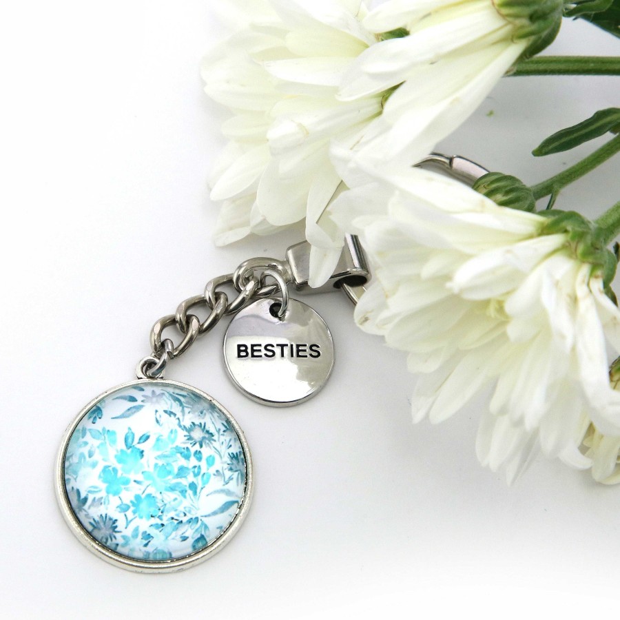 Accessories Papa Glewy | Teal Collection - Vintage Silver 'Besties' Keyring - Arctic Blossom (12445)