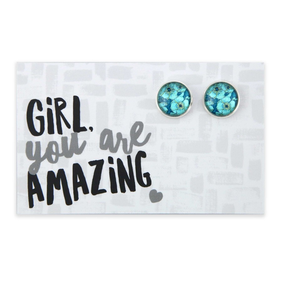 Jewellery Deluxe Stud Earrings | Teal Collection - Girl You Are Amazing - Bright Silver Surround Circle Studs - Sky Bloom Bright (2313-R)