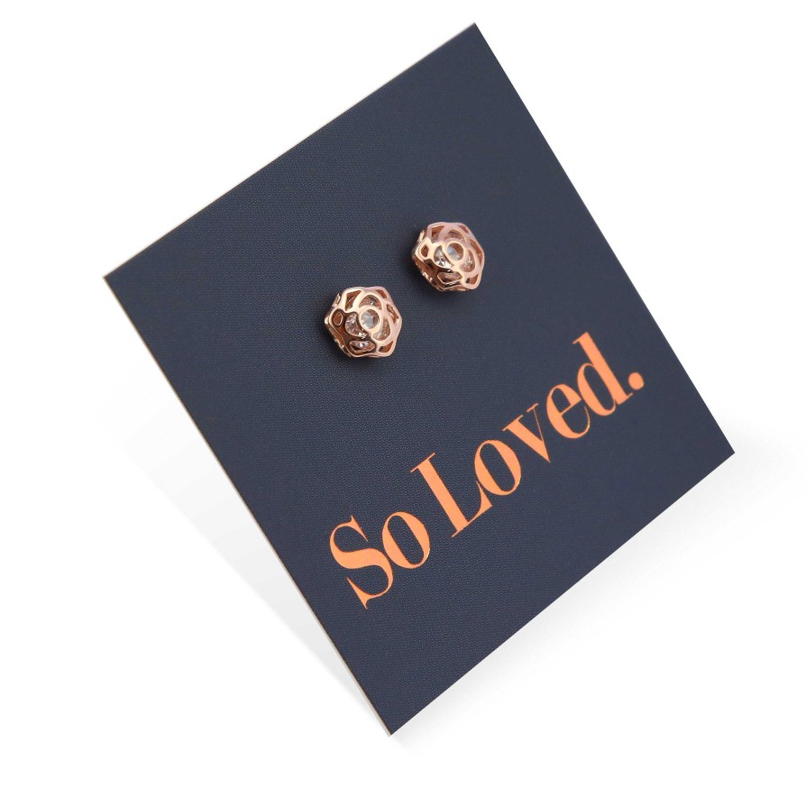 Jewellery Sterling Silver Studs | Rose Flower Stud With Cubic Zirconia - Sterling Silver Rose Gold - So Loved (9413-R)