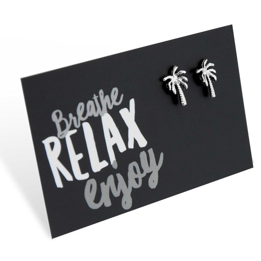 Jewellery Cute Stud Earrings | Breathe Relax Enjoy - Palm Tree - Silver Stud Earrings (9717)