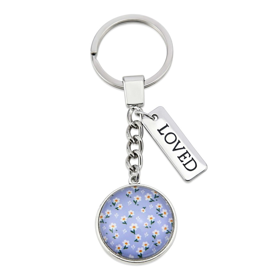 Accessories Papa Glewy | Spring - 'Loved' - Vintage Silver Keyring - Daisy Garden (10215)