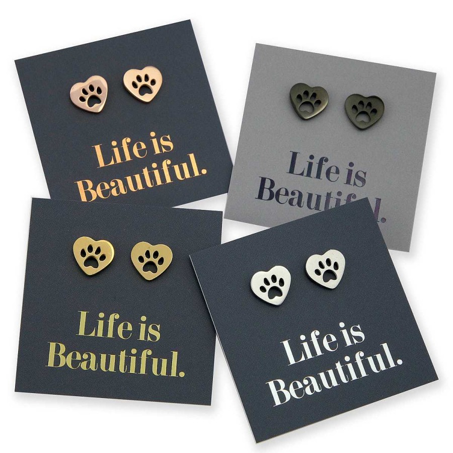 Jewellery Premium Studs | Stainless Steel Earring Studs - Life Is Beautiful - Heart Paw Prints