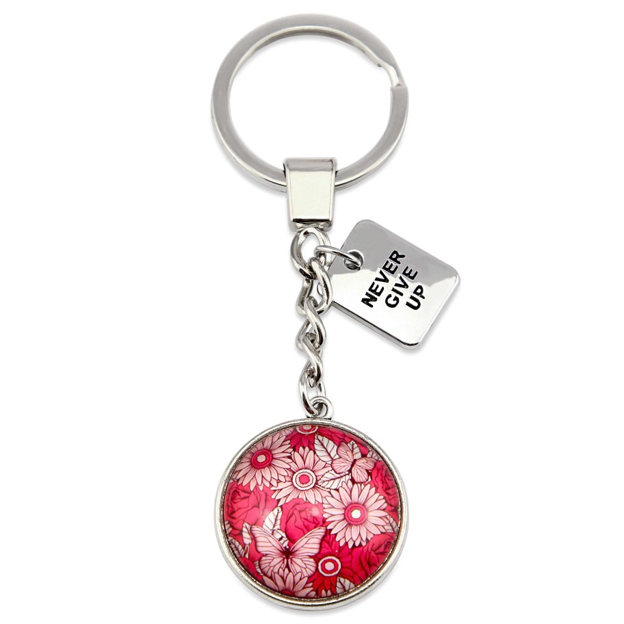 Accessories Papa Glewy | Pink Collection - Vintage Silver 'Never Give Up' Keyring - Butterfly Patch (10343)