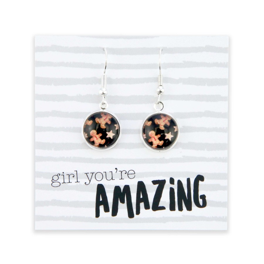 Jewellery Circle Drop Dangles | Christmas - Girl You'Re Amazing - Bright Silver Dangle Earrings - Gingerbread Black (11524)