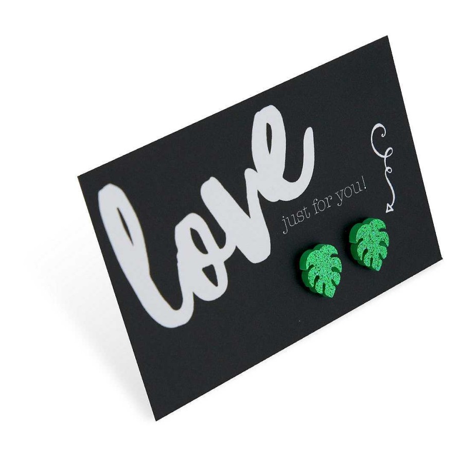 Jewellery Statement Earrings | Acrylic Glitter Monstera Studs - Love Just For You - Green Glitter (12024)