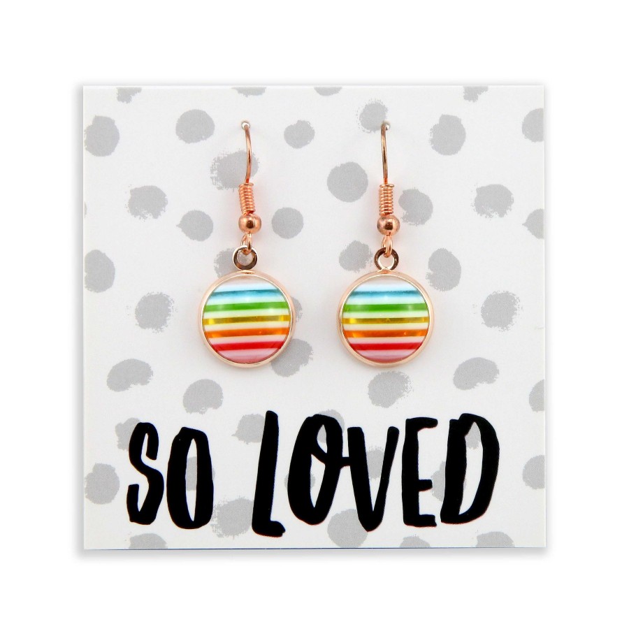 Jewellery Circle Drop Dangles | Stripe Resin - So Loved - Rose Gold Dangle Earrings - Rainbow (2108-F)