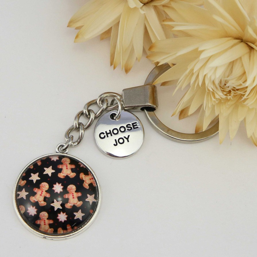 Accessories Papa Glewy | Christmas - Vintage Silver 'Choose Joy' Keyring - Gingerbread Black (10315)