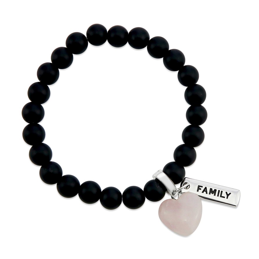 Jewellery Bracelets | Sweetheart Bracelet - 8Mm Matt Black Onyx Stone Beads With Small Rose Quartz Heart & Word Charm