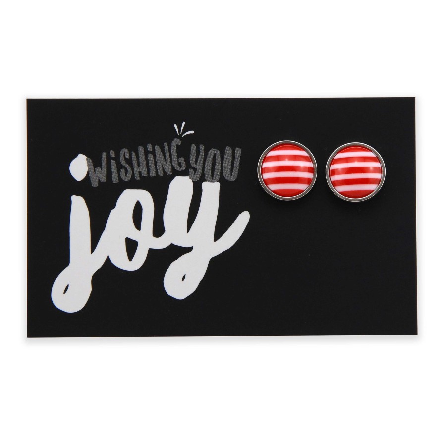 Jewellery Christmas | Stripe Resin Candy Cane - Wishing You Joy - Stainless Steel Vintage Silver Stud (11143)