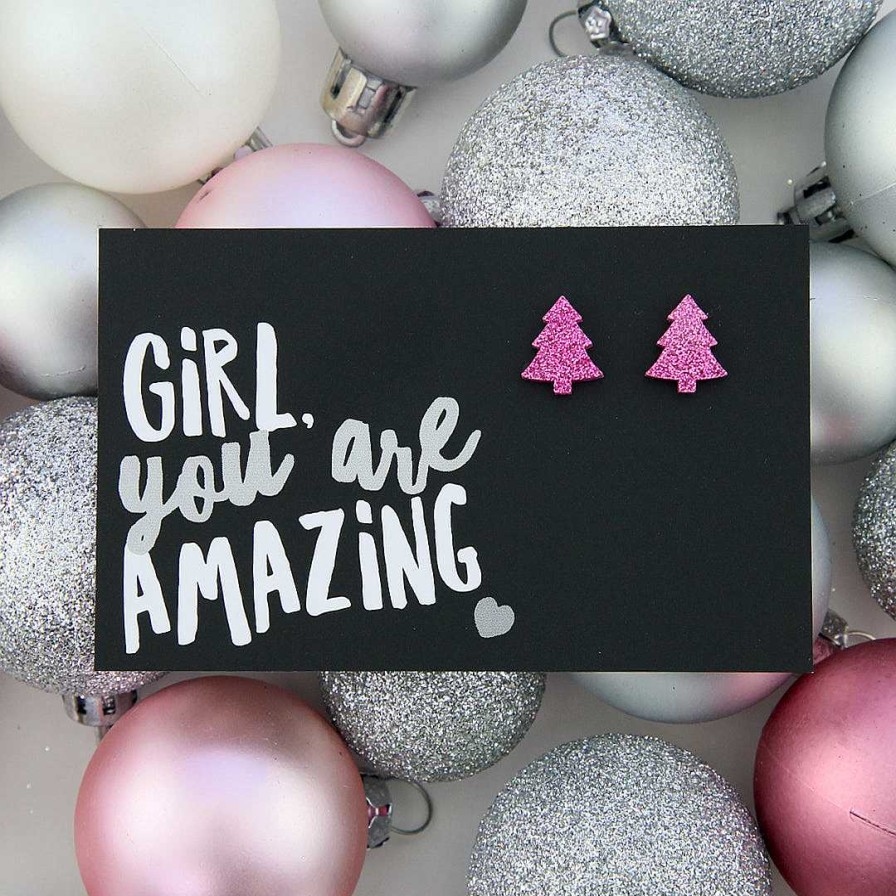 Jewellery Christmas | Sparkle Acrylic Studs Christmas Tree - Girl You Are Amazing - Pink Glitter (9301-F)