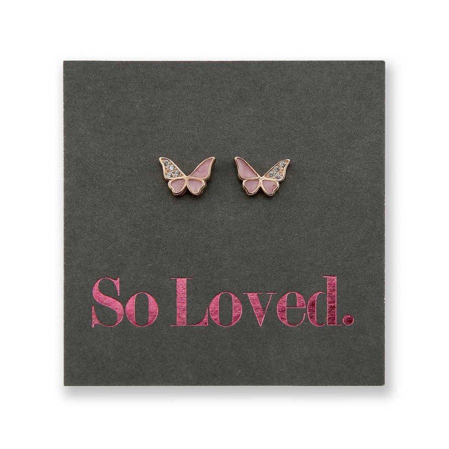 Jewellery Sterling Silver Studs | Sweet Pink Butterflies - Rose Gold Sterling Silver + Cubic Zirconia Studs - So Loved (8717-R)