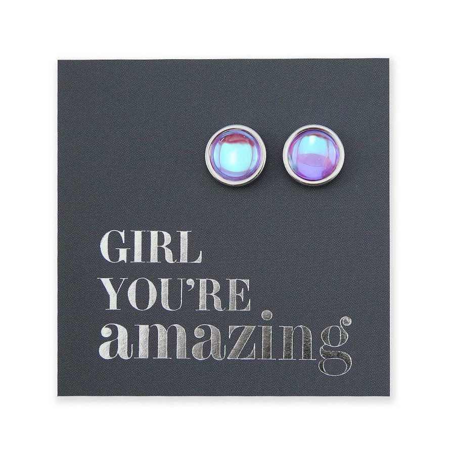 Jewellery Stainless Steel Circle Studs | Girl You'Re Amazing - Vintage Silver Stainless Steel 8Mm Circle Studs - Iridescent Rhinestone Hyacinth (13012)