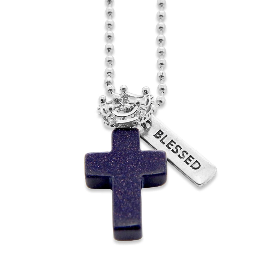 Jewellery Cross & Crown | Cross & Crown Necklace - Midnight Blue Sand Stone Sparkle - With Word Charm