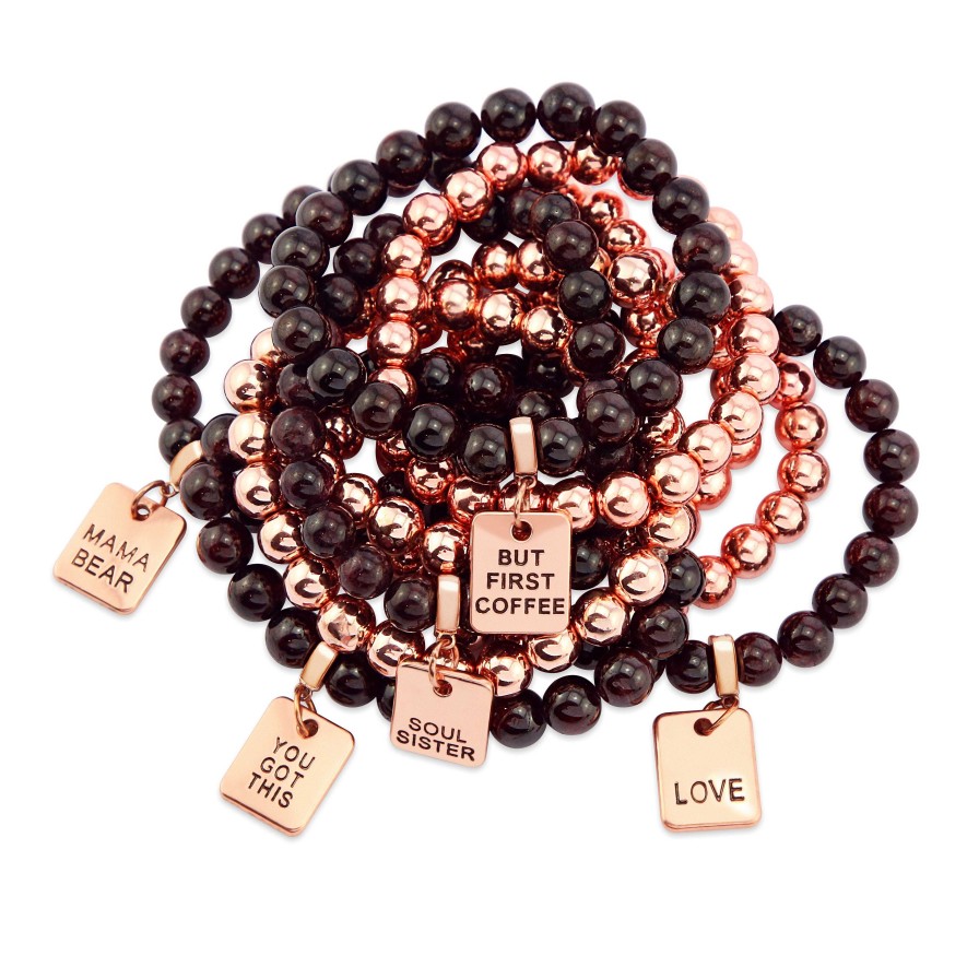 Jewellery Bracelets | Bracelet Duo! Rose Gold & Garnet Bead Bracelet Stacker Set - But First Coffee (10665)