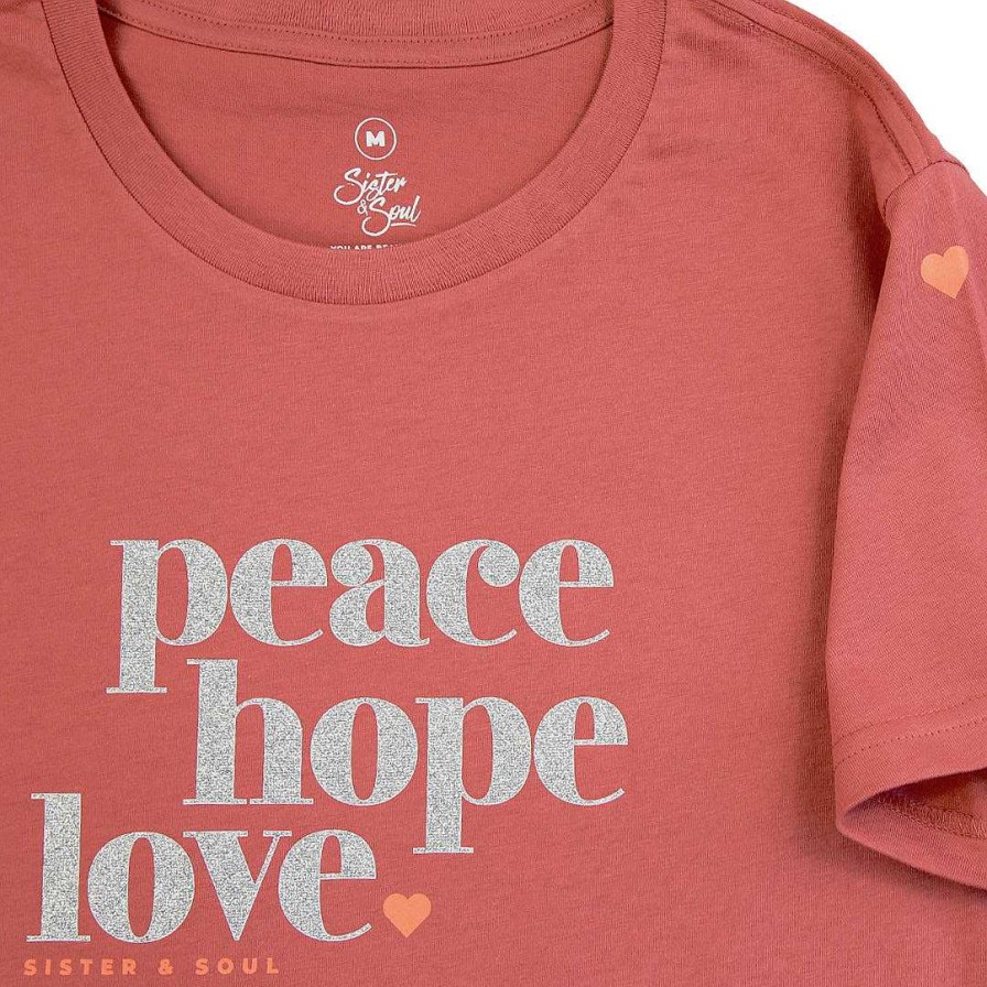 Apparel Tees Tanks & Totes | Peace Hope Love - Boxy Tee - Coral With Silver Glitter Print