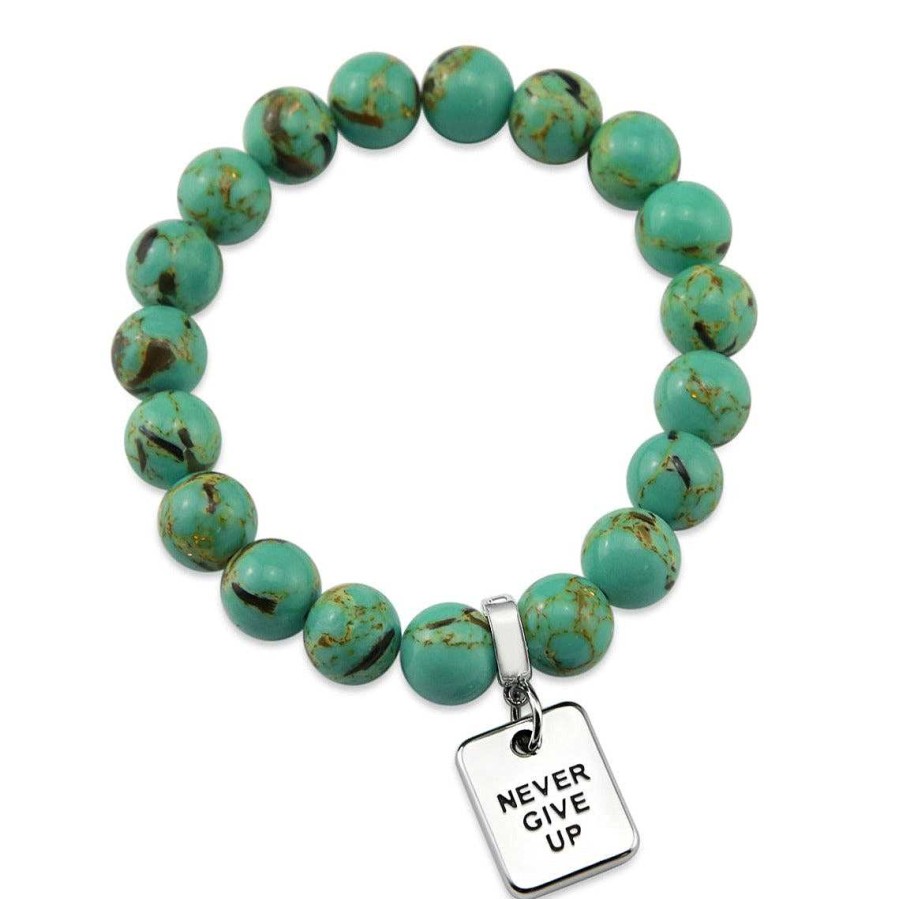 Jewellery Bracelets | Teal Collection Stone Bracelet - Light Teal Synthesis 10Mm Bead Bracelet - Silver Word Charms