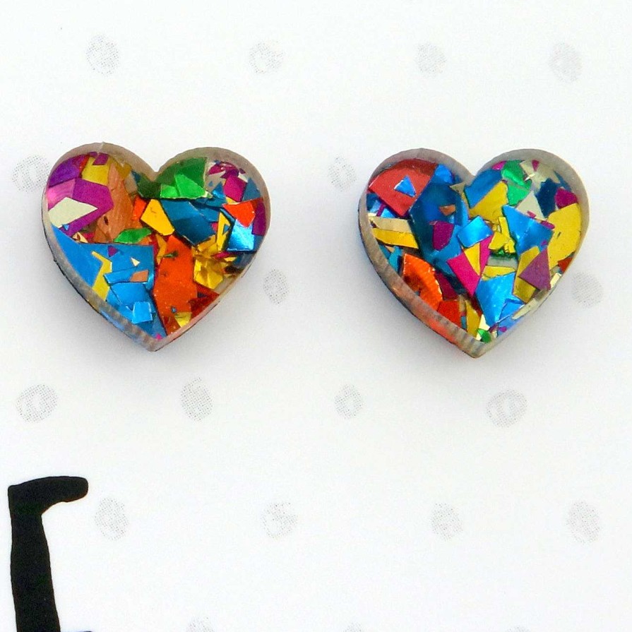 Jewellery Statement Earrings | Sparkle Resin Heart Studs - She Leaves A Little Sparkle - Kaleidoscope Glitter (8917)